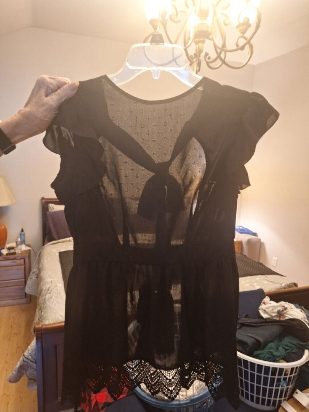 SHEIN Women’s Black Sheer Flutter Sleeve Blouse Lace Trim Hem Size Small